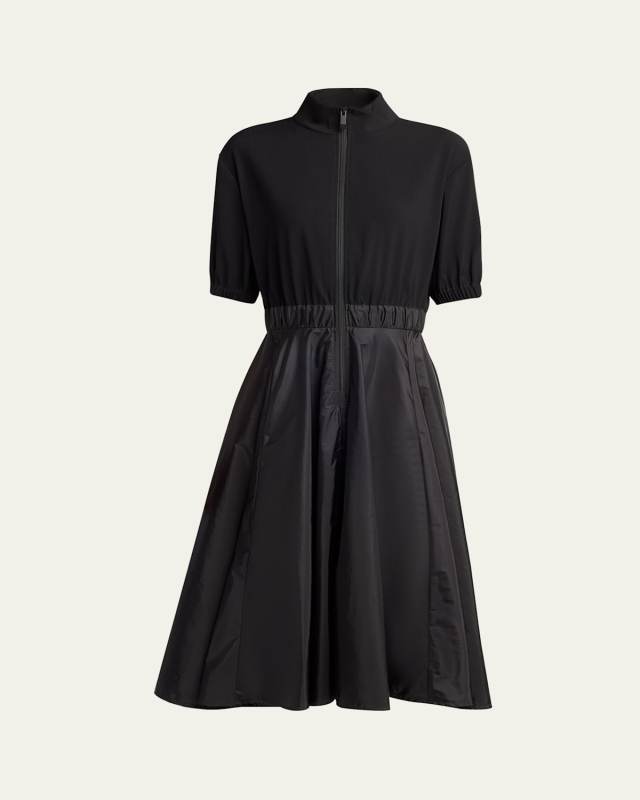 Short-Sleeve Zip Mixed-Media Dress